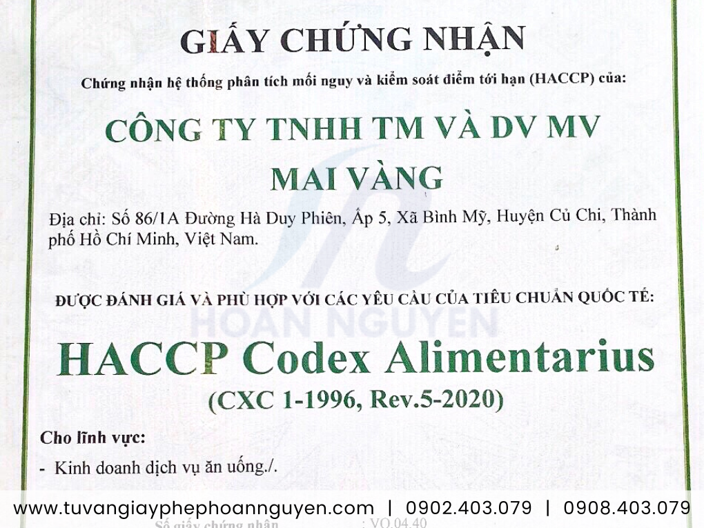 HACCP cơ sở chế biến suất ăn sẵn - Hoàn Nguyên xin cấp nhanh